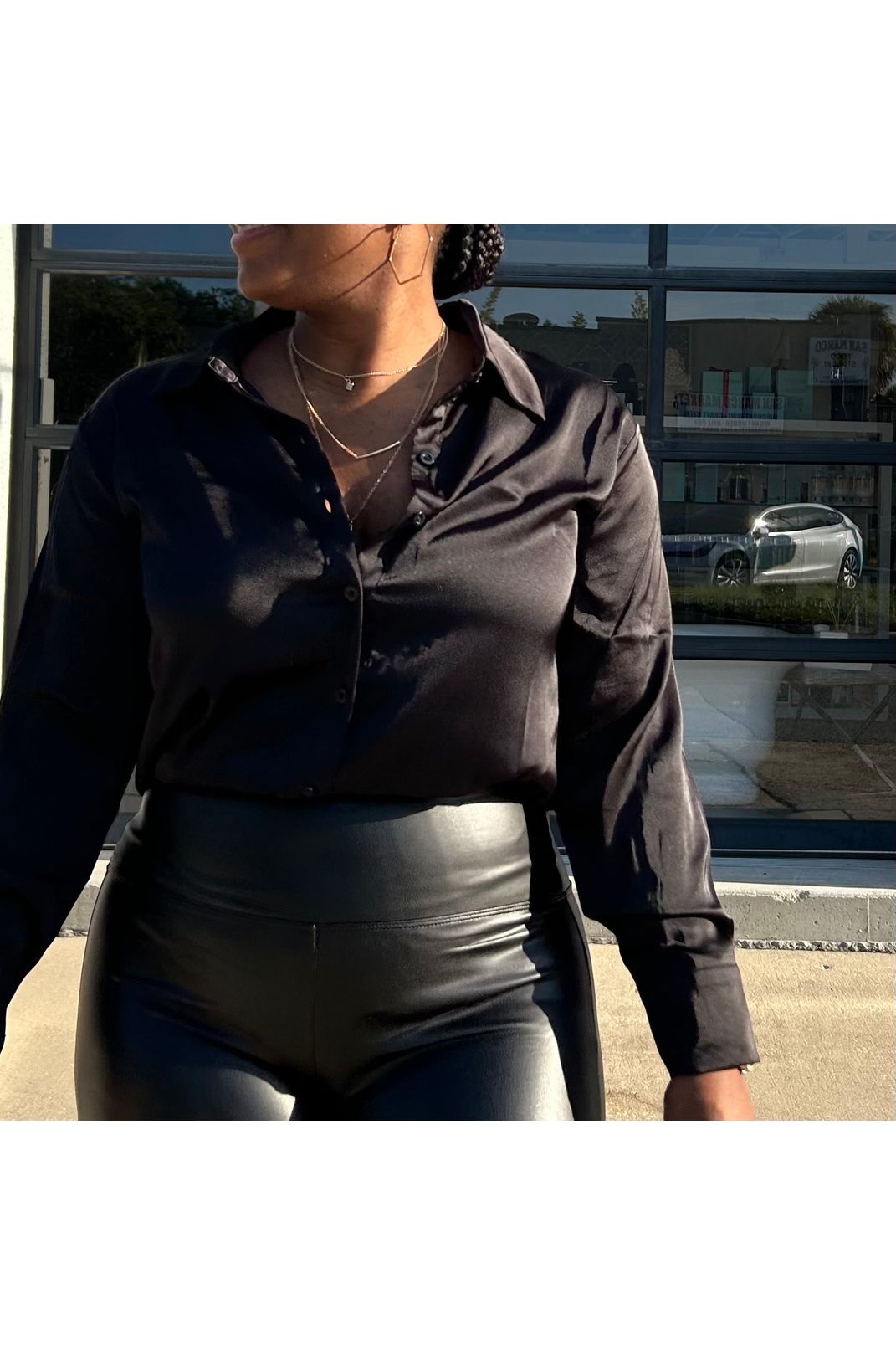 It's a Hautie Satin Button Up Long Sleeve Top | Black