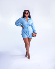 The Softest Blue Linen Like Short Set with Waist Belt | Spring Blue