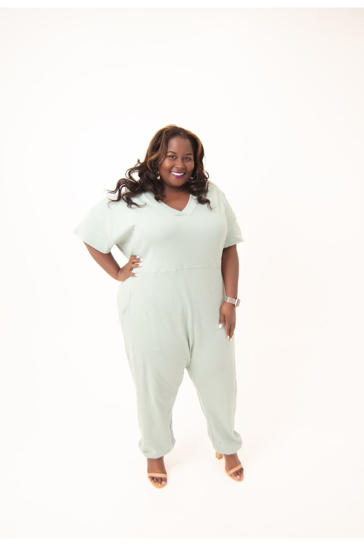 She's So Chic Short Sleeve Harem Jumpsuit Plus | Light Green
