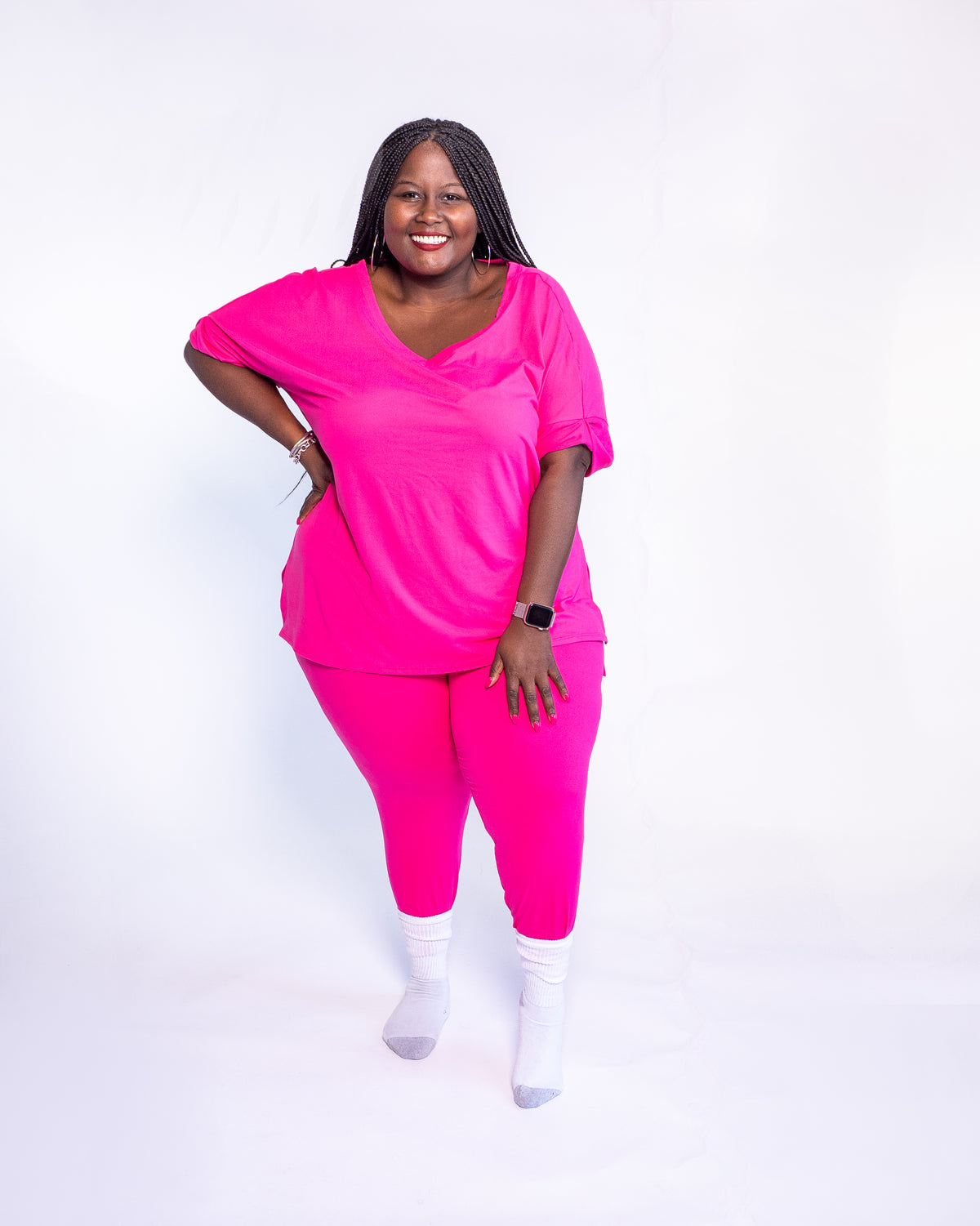 Microfiber Short Sleeve Loungewear Legging Two Piece Set Plus | Fuchsia