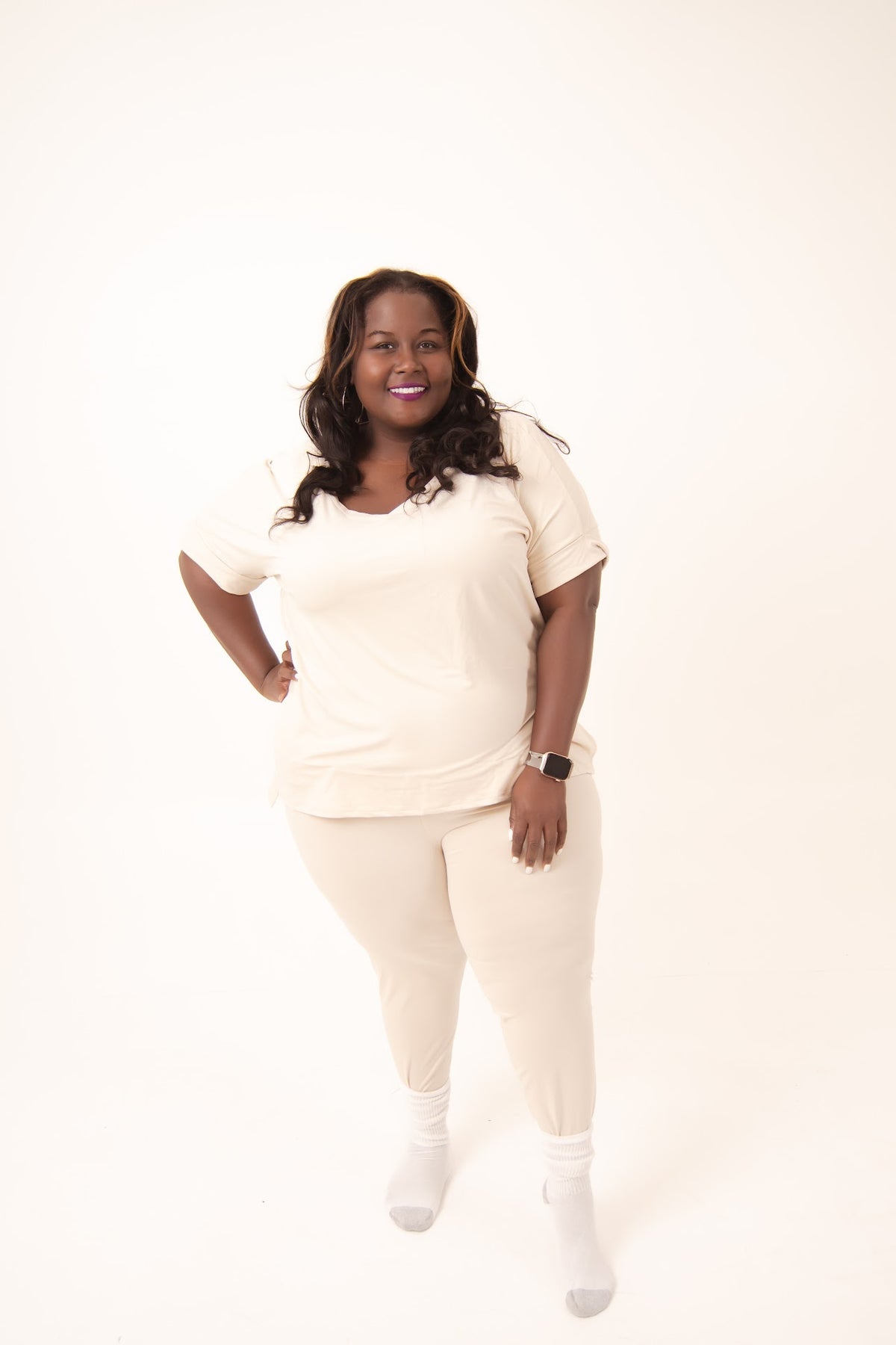 Microfiber Short Sleeve Loungewear Legging Two Piece Set Plus | Sand Beige