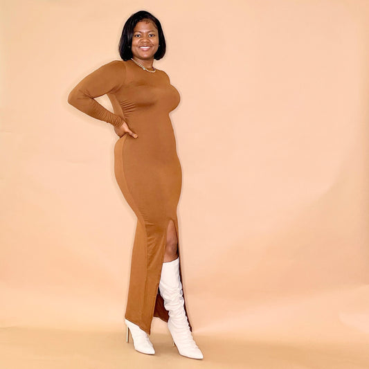 The Fall Maxi Long Sleeve Front Side Slit Dress | Chocolate